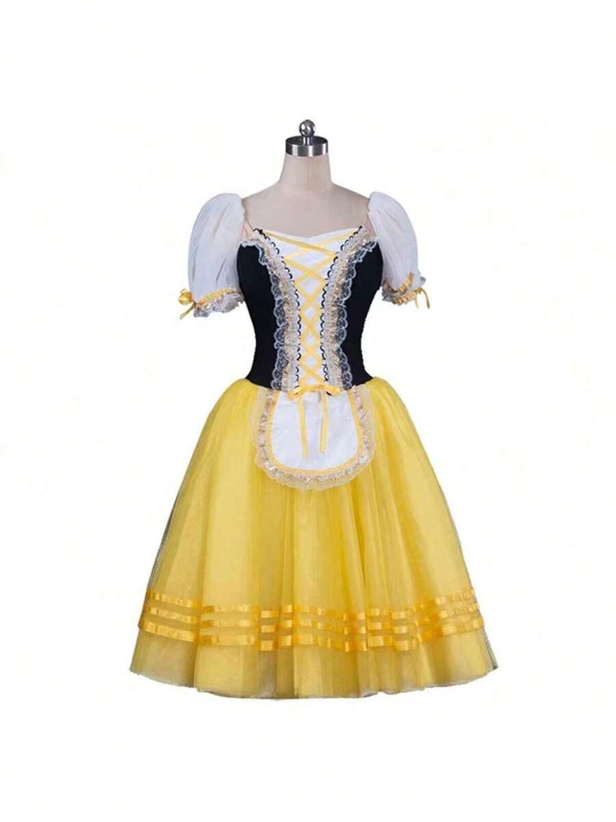 New Professional Chiffon Dance Dress, Ballet Skirt, Swan Lake Performance Costume, Adult Puff-Sleeved Ballet Dance Dress, Ladies' Ballet Dance Outfit - Yellow - View 1