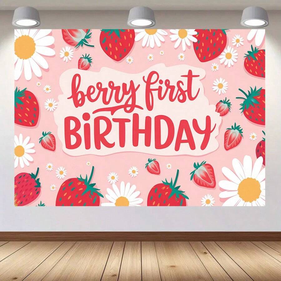 1件草莓雛菊主題派對裝飾，非常適合1歲生日背景布。這款莓果主題裝飾適用於節日慶祝、居家裝飾和攝影棚道具。聚酯纖維橫幅 - 5 - 查看 1