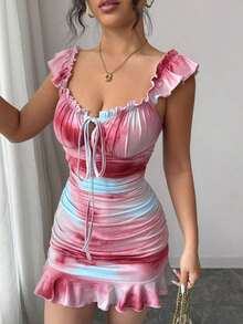 Vestido camisero con volantes en el bajo y hombros descubiertos, estilo vintage con estampado - Vestido entallado de línea A - Multicolor 2 - Ver 3
