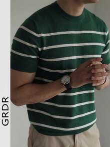 GRDR 男士夏季针织条纹短袖衬衫，适合夏季度假休闲穿着 - 綠色 - 查看 3