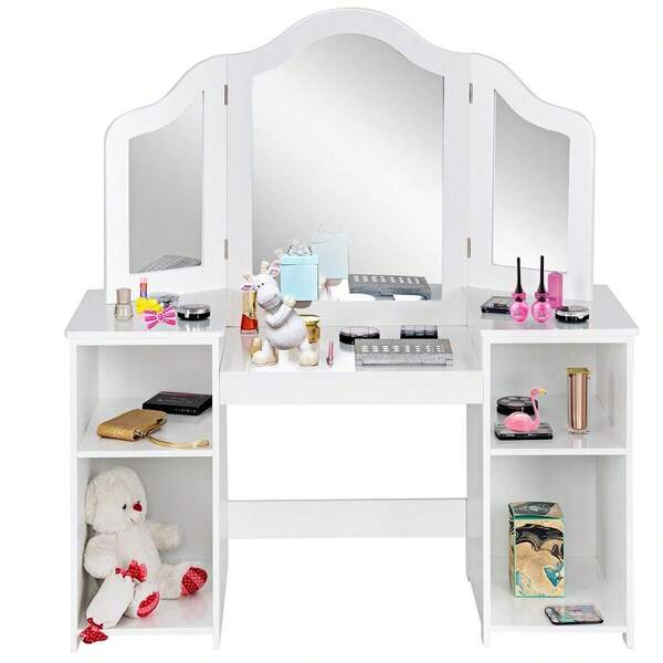 COSTWAY Modern Kids Dressing Table, 2-In-1 Realistic Princess Vanity Table With 4 Storage Shelves And Tri-Folding Mirror, Toddler Pretend Makeup Table For Little Girls Aged 3+ Years Old, White