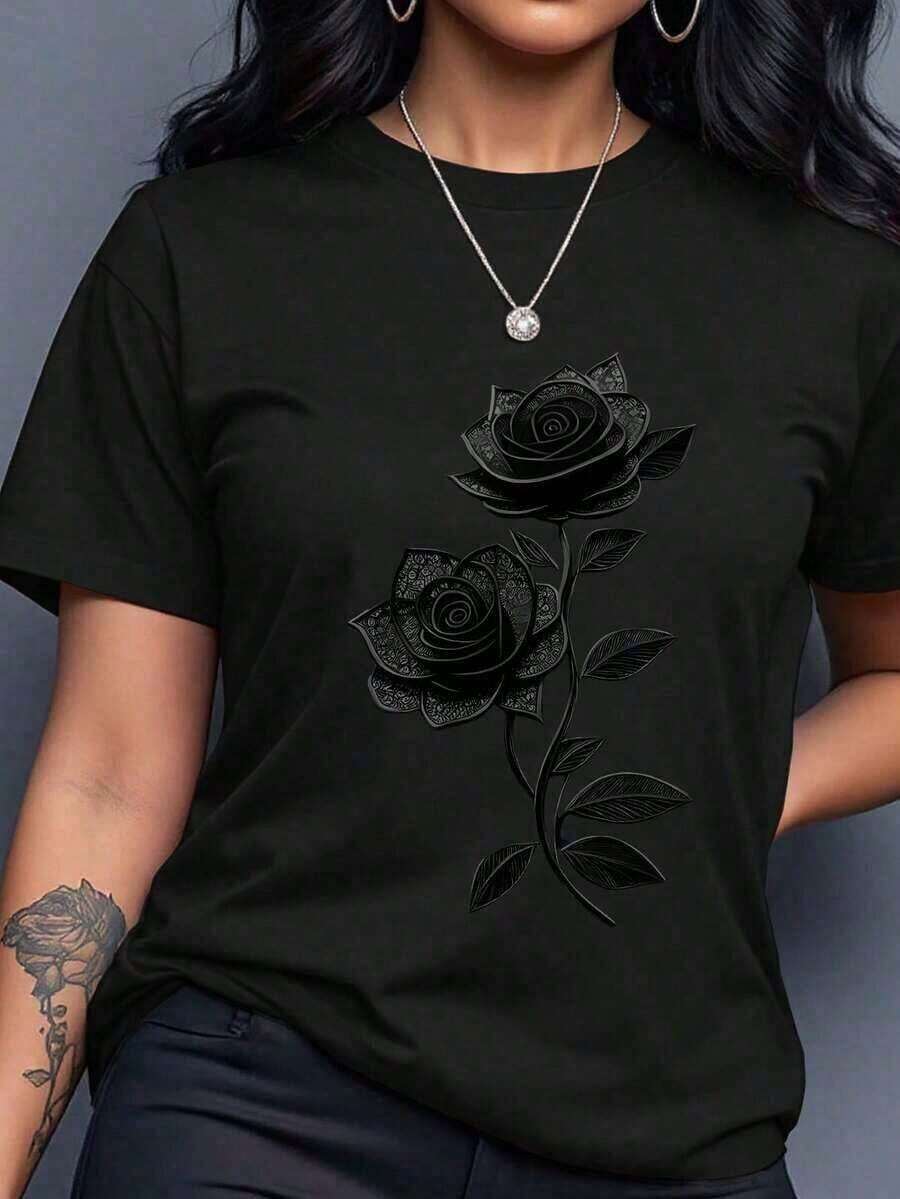 GiftGift2026 Nueva Colección de Verano: Envío Local, Camiseta Estampada de Tallas Grandes, Camiseta Casual Sencilla y Elegante para Mujer, Adecuada para Todas las Temporadas. 100% Algodón Suave. - Negro - Ver 1