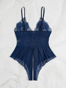 Mono de lencería sexy con parches de encaje para mujer de talla grande - Azul Marino - Ver 2