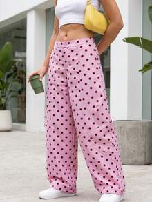 Women's Polka Dot Wide Leg Pants Mid Waisted Casual Baggy Trousers With Drawstring Hem Y2K Vintage Streetwear For Daily Vacation - 粉色 - 查看 6