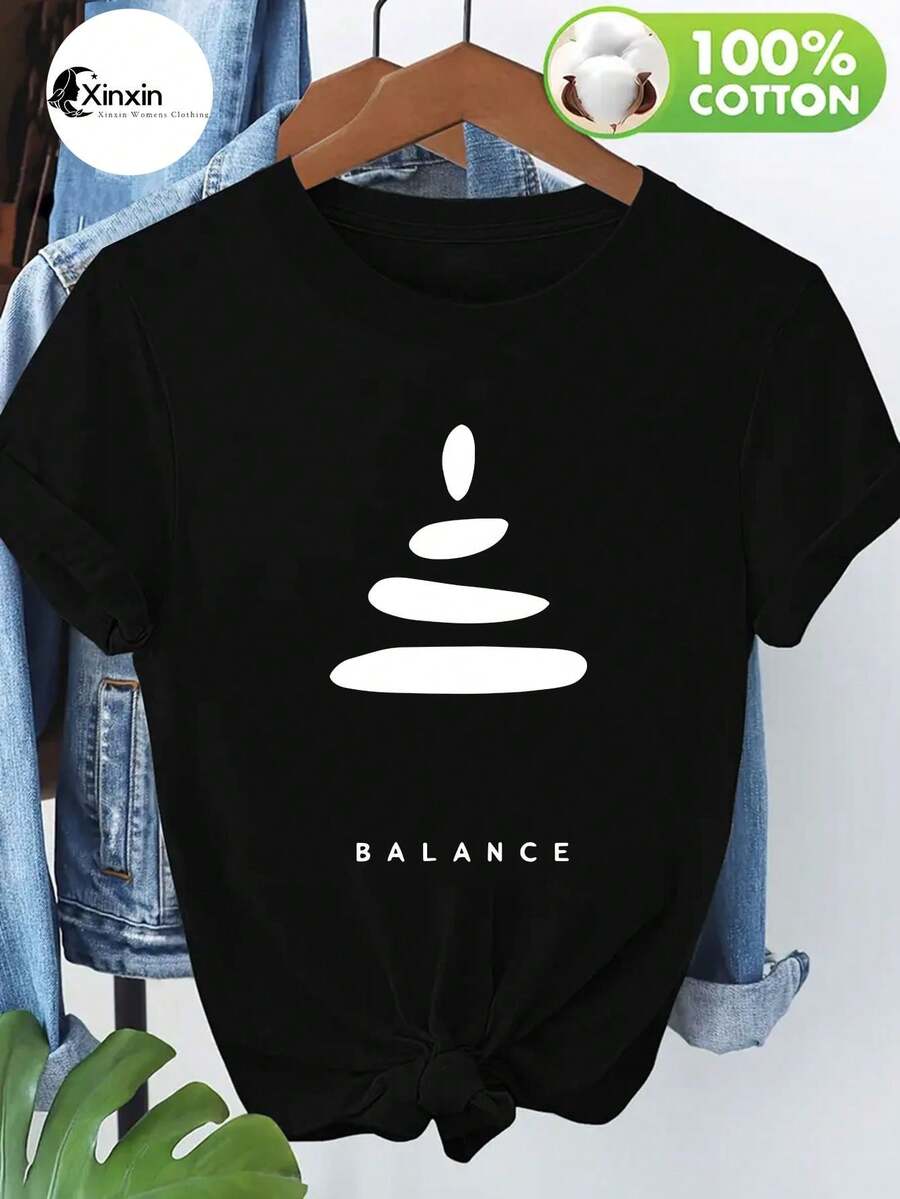 Women's Comfortable Sheer T-Shirt, Yoga Balance Stone Theme With Pattern Print Balance Chart Design, Soft Breathable Casual Summer Top, Machine Washable, Stylish Retro Loose Versatile Women's Vacation Clothing - 黑色 - 查看 1