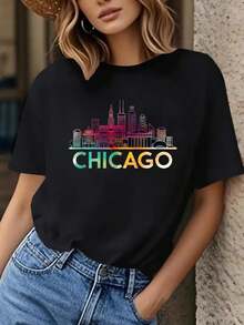 Black Crew Neck Graphic Tee Featuring a Vibrant City Skyline, Perfect for Casual Spring And Summer Outings, Designed for a Relaxed Fit with Durable Material - Negro - Ver 2