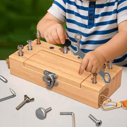Tablero de actividades de madera con 10 agujeros y tornillos, juguete educativo STEM para niños. Puede entrenar las habilidades motoras finas, fomentar el juego de roles como pequeños ingenieros y cultivar la concentración. Espacio de almacenamiento incorporado, regalo de cumpleaños ideal para jóvenes aprendices.