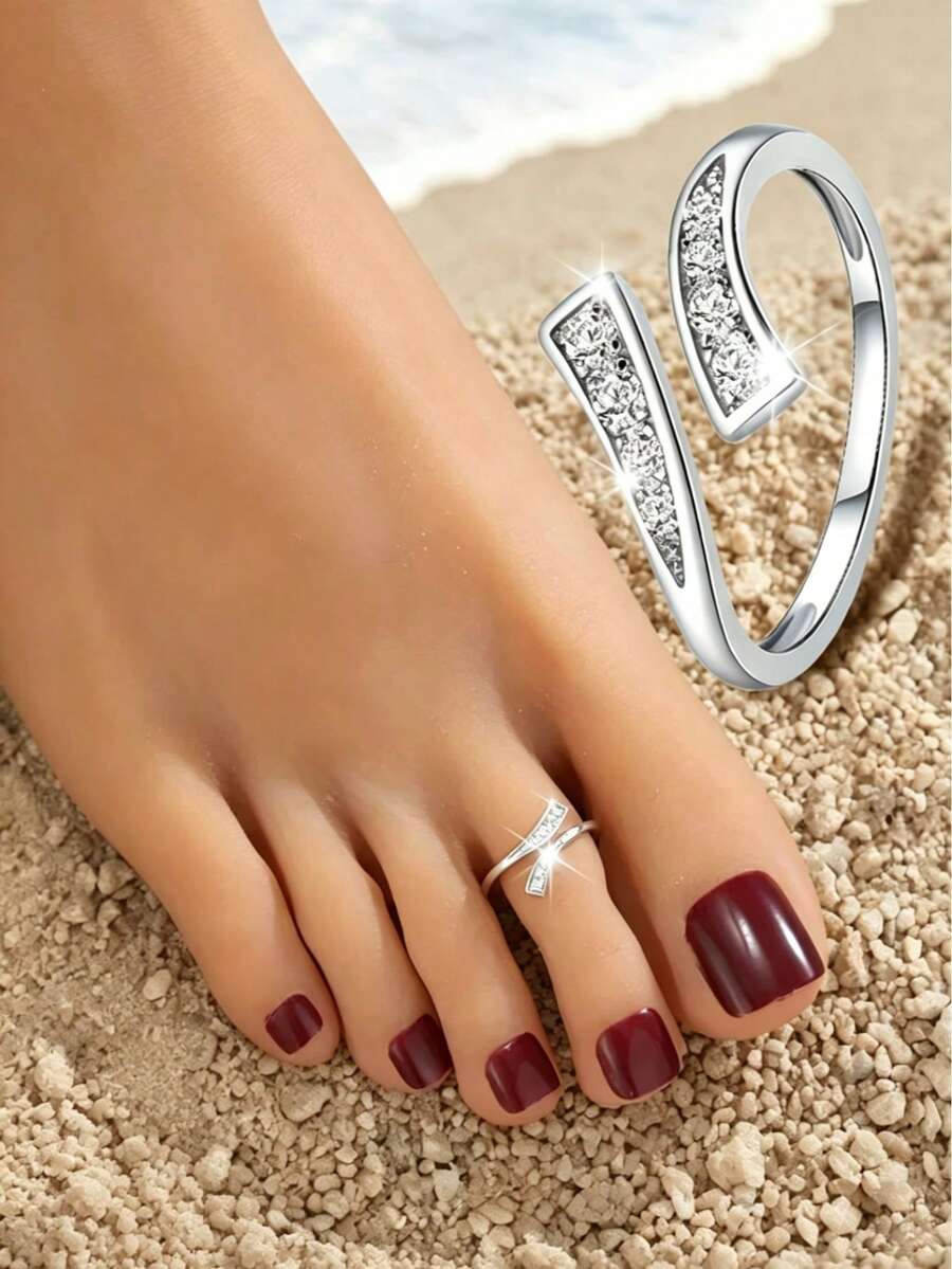 Nhẫn ngón chân phong cách Bohemian thanh lịch, đính đá Zirconia lấp lánh, nhẫn hở ngón có thể điều chỉnh, phụ kiện dự tiệc mùa hè, quà tặng ngày Valentine. - Bạc - Xem 1