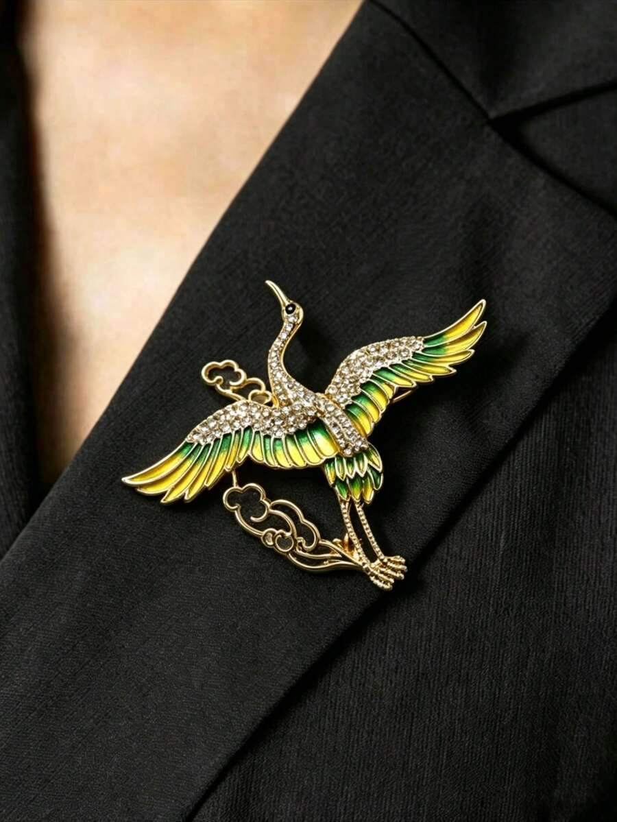 精致珐琅仙鹤胸针,镶嵌闪亮水钻,奢华金色东方鸟形胸针,母亲节、毕业季及汉服搭配的理想礼物 - 彩色 - 查看 1