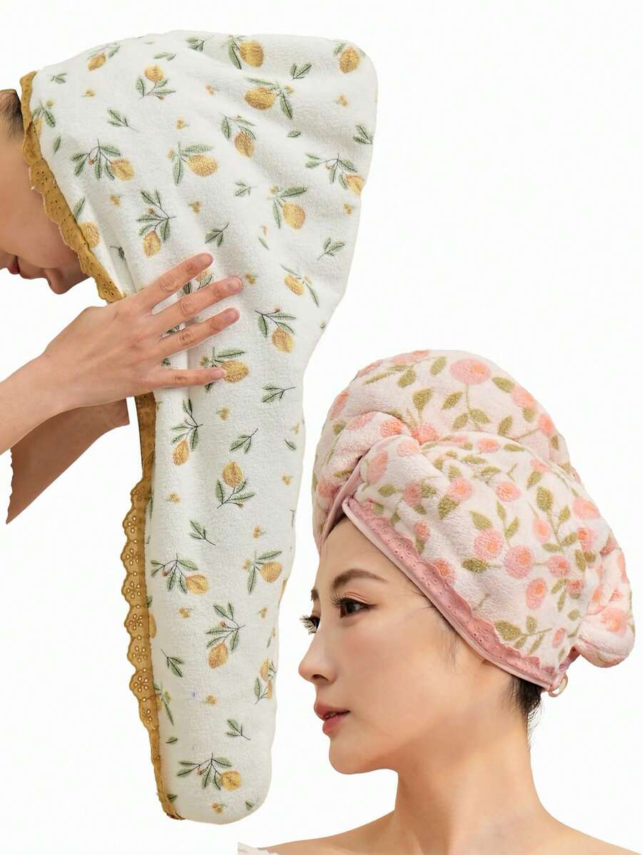 QIBHI 1/2/3件可選,珊瑚絨素色印花優雅蕾絲乾髮帽,花卉女士乾髮帽,浴室裝飾,優雅玫瑰花,浴帽,吸水且柔軟 - 多色(均碼) - 查看 1