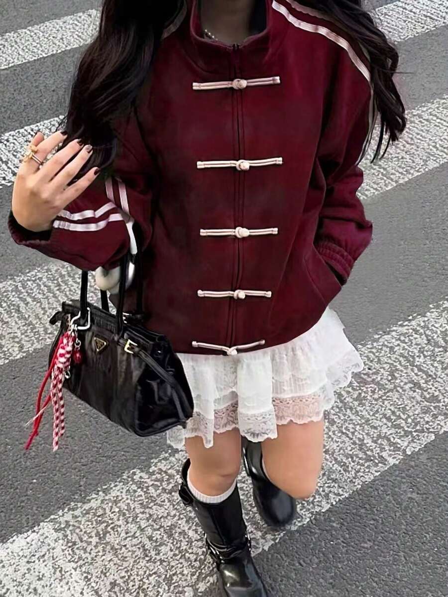 女士休闲侧条纹立领外套，秋冬春季 - 酒紅色 - 查看 1