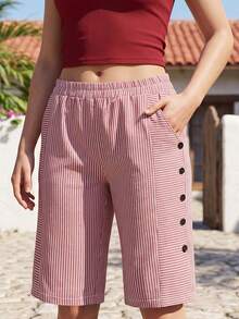 Womens Bermuda Shorts Striped Casual Stylish Decorative Side Button Straight-leg Mid Rise Shorts for Summer - Rojo - Ver 3