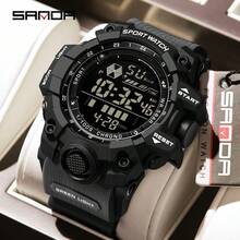 SANDA Reloj electrónico digital y analógico multifunción con gran esfera, resistente al agua y con luz LED, para deportes al aire libre, estilo G - Negro - Ver 18