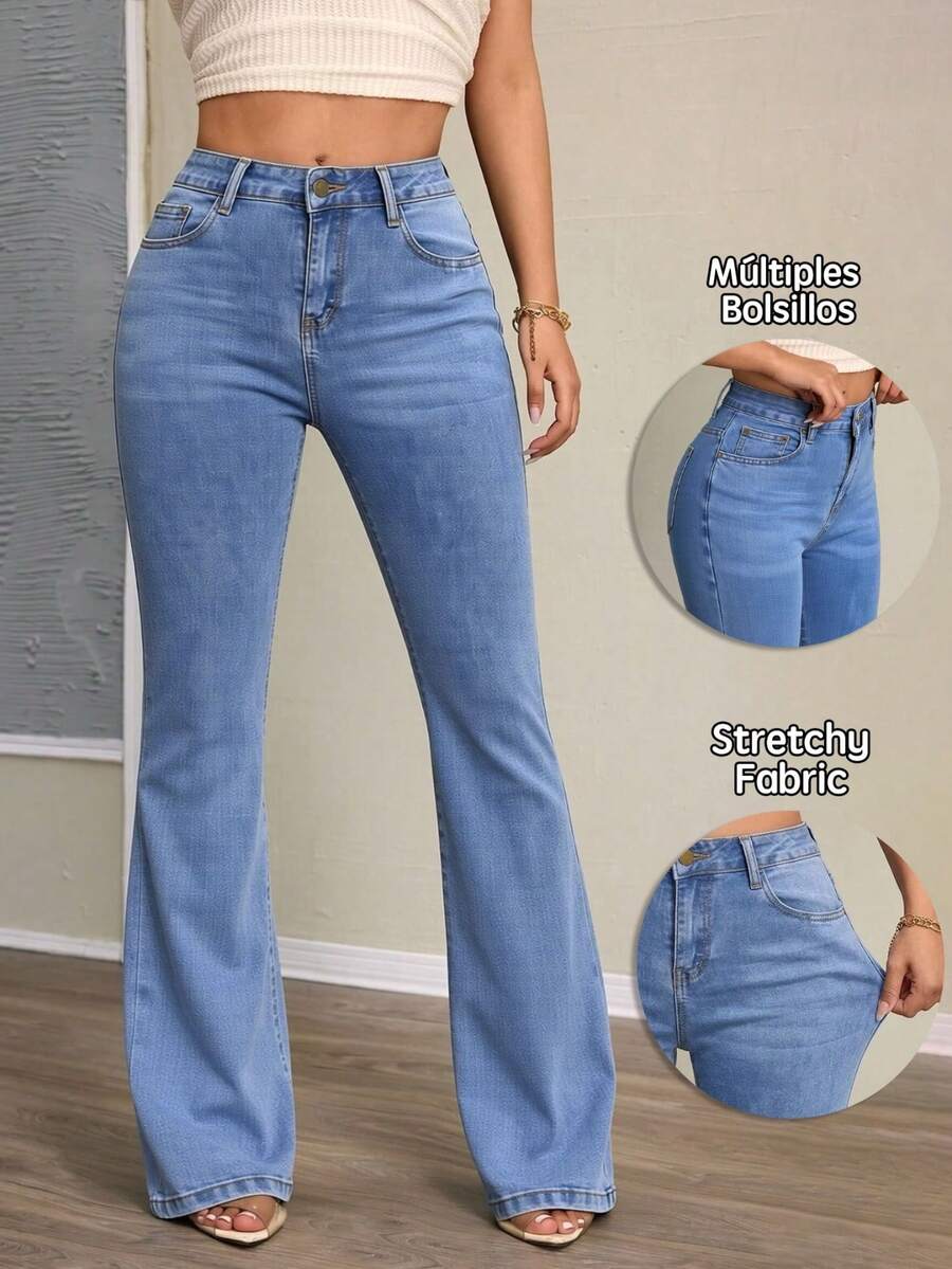 Light Blue Stretch Bell-Bottom Jeans, Butt Lift And Tummy Control - Dusty Blue - View 1