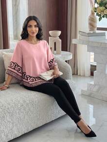 SHEIN Lady Áo cánh rộng cổ tròn tay loe 3/4 họa tiết hình học viền bất đối xứng dành cho nữ - Nhiều màu - Xem 7