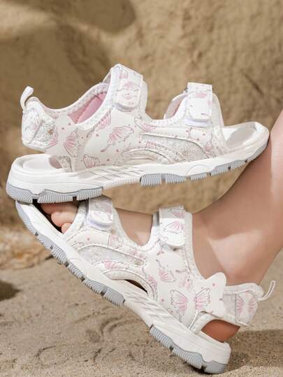 Sandalias de verano para niñas con estampado de mariposa, de punta abierta y correa ajustable, zapatos para exteriores y playa antideslizantes