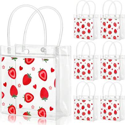 Strawberry Clear PVC Gift Bags Cute Fruit Party Favor Bags With Handles Red Heart Strawberry Flower Treat Tote Candy Bag For Spring Summer Wedding Birthday  Shower Party Plies 12Pcs