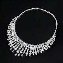Bộ trang sức hình học 4 món bằng đá Zirconia trắng - Dây chuyền, bông tai, nhẫn, vòng tay, phù hợp cho nữ giới đeo hàng ngày, dự tiệc, đám cưới và trang phục cô dâu. - trắng - Xem 3