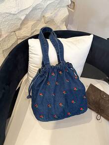 丹寧櫻桃刺繡水桶包，休閒抽繩托特包，輕便日常單肩包，可愛櫻桃圖案丹寧托特包 - 藏蓝色 - 查看 5