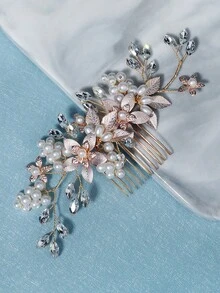 1pc Gold Leaf Faux Pearl Rhinestone Floral Hair Comb, Handmade Romantic Bridal Wedding Bridesmaid Hair Accessory, Evening Party Hair Clip,Festival,Birthday - Gold - View 6