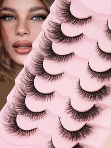 7对蓬松睫毛嫁接片，旅行化妆必备 - 迷人3D仿貂毛睫毛条，可重复使用，适合所有眼型，睫毛条，假睫毛，假睫毛 - 黑色 - 查看 2