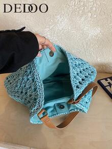 Dedoo Handmade Woven Grandma Plaid Large Capacity Tote Bag For Women - Blue - View 7