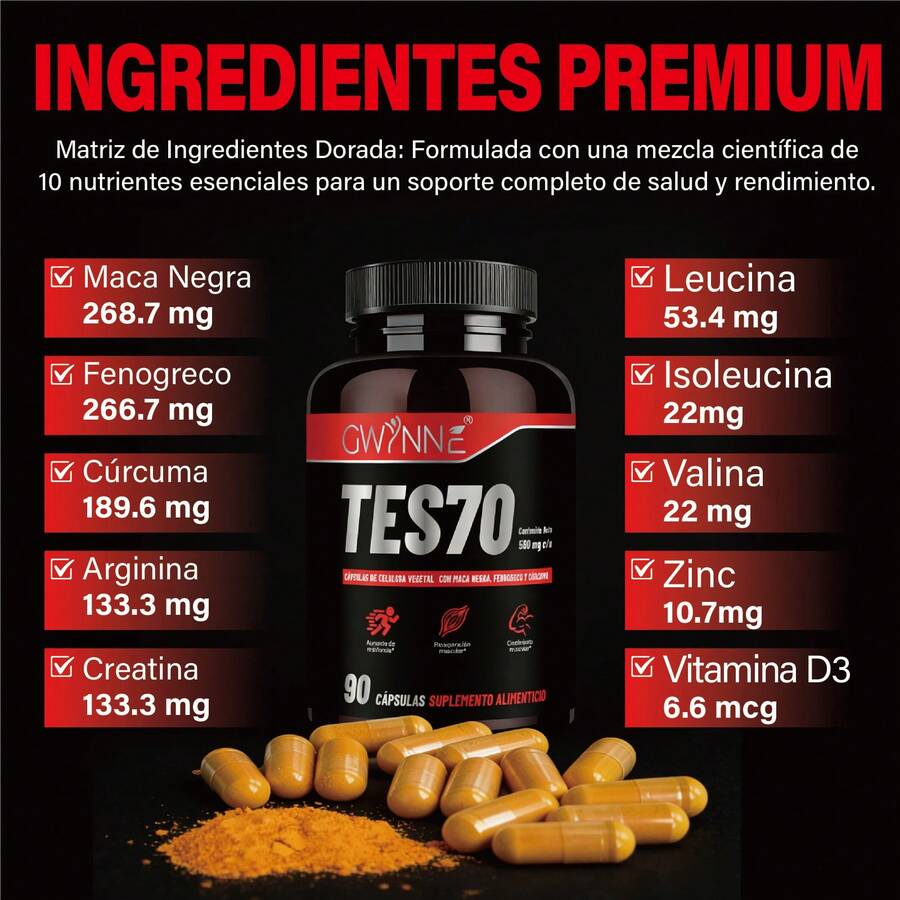Gwynne Tes70 Suplemento para Rendimiento Físico | Mejora la Resistencia, Recuperación y Desarrollo Muscular | Fórmula Natural | 90 Cápsulas - 90 unidades - Ver 1