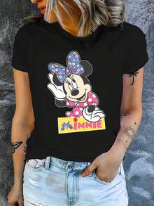 Disney 1件女士短袖T恤，迪士尼米妮卡通印花短袖T恤，圆领弹力面料，易护理，适合日常穿着，时尚女士短袖T恤，休闲服饰 - 黑色 - 查看 3