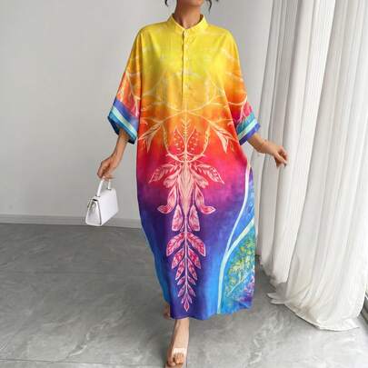 1 chiếc đầm dài dáng rộng tay raglan, cổ tàu, cài cúc đơn, in họa tiết ombre dành cho nữ, kiểu dáng thanh lịch Ả Rập, đầm dạ hội sang trọng cho các lễ hội.