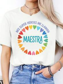 Carta Impresión primavera verano casual camiseta cuello redondo corto Sve Spor camiseta mujer top - Blanco - Ver 2