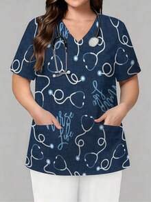 Plus Size Curvy Women's All-Over Print Nurse Top, Casual Loose Short-Sleeve  Work Clothes Stethoscope Pattern With Nurse Life Text Stylish Patterned Nurse Top, Perfect For Hospital, Dental, Nursing And Healthcare Staff. - Sayle - View 2