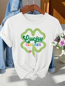 St. Patrick's Day Elegant Party Women's Clothing: A Short-Neck Crew Neck T-Shirt For Women For Spring, Summer, And Autumn, Featuring A Four-Leaf Clover Outline With The "Luy TEACHER" Pattern Printed Inside, Perfect For Fashionable Photoshoots - 白色 - 查看 1