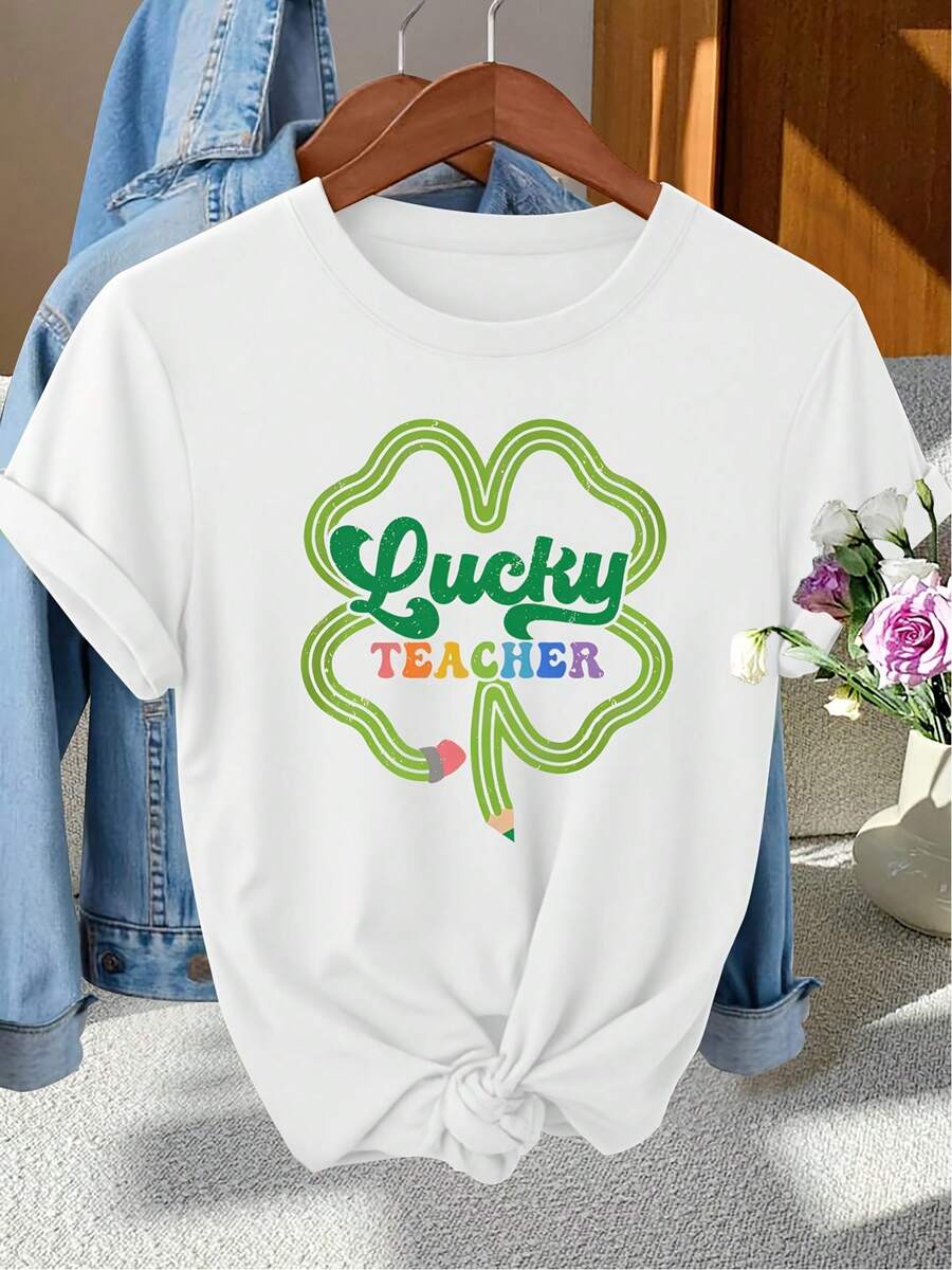 St. Patrick's Day Elegant Party Women's Clothing: A Short-Neck Crew Neck T-Shirt For Women For Spring, Summer, And Autumn, Featuring A Four-Leaf Clover Outline With The "Luy TEACHER" Pattern Printed Inside, Perfect For Fashionable Photoshoots - 白色 - 查看 1