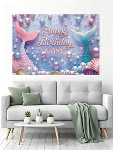 1pc Customizable Mermaid Theme Happy Birthday Backdrop, Gradient Mermaid Tail Colorful Faux Pearl Shell Design, Personalized Name Mermaid Theme Birthday Party Cake Smash Photography Decoration Vinyl Banner, Aesthetic, For Girls, Birthday Gift - Multicolor - View 7