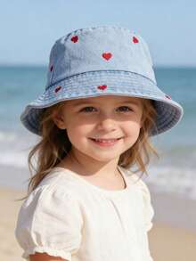 1pc Sweet Red Heart Embroidered Denim Bucket Hat - Casual Y2K Style Summer Sun Hat For Daily Wear - 1PC - View 1