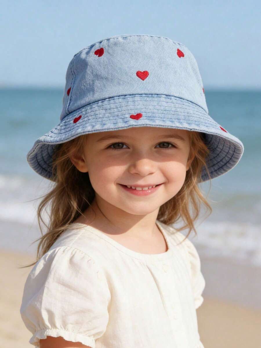 1pc Sweet Red Heart Embroidered Denim Bucket Hat - Casual Y2K Style Summer Sun Hat For Daily Wear - 1PC - View 1