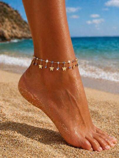 1pc Bohemian Style Elegant Butterfly Acrylic Rhinestone Tassel Anklet, Suitable For Women's Daily Casual, Party, Music Festival, Beach Holiday Wear, Holiday Gift