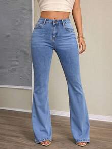Light Blue Stretch Bell-Bottom Jeans, Butt Lift And Tummy Control - Dusty Blue - View 4