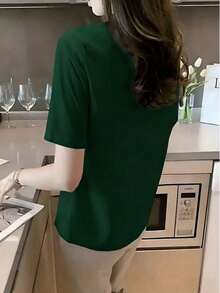 優雅休閒寬鬆版型大尺碼女款短袖夏季襯衫 - 綠色 - 查看 3