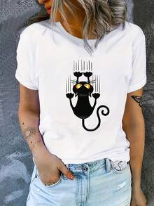 Pequeño gato negro suelto cómodo camiseta lindo hogar desgaste esporwear al aire libre desgaste partido de trabajo camiseta camiseta impresa - Blanco - Ver 2