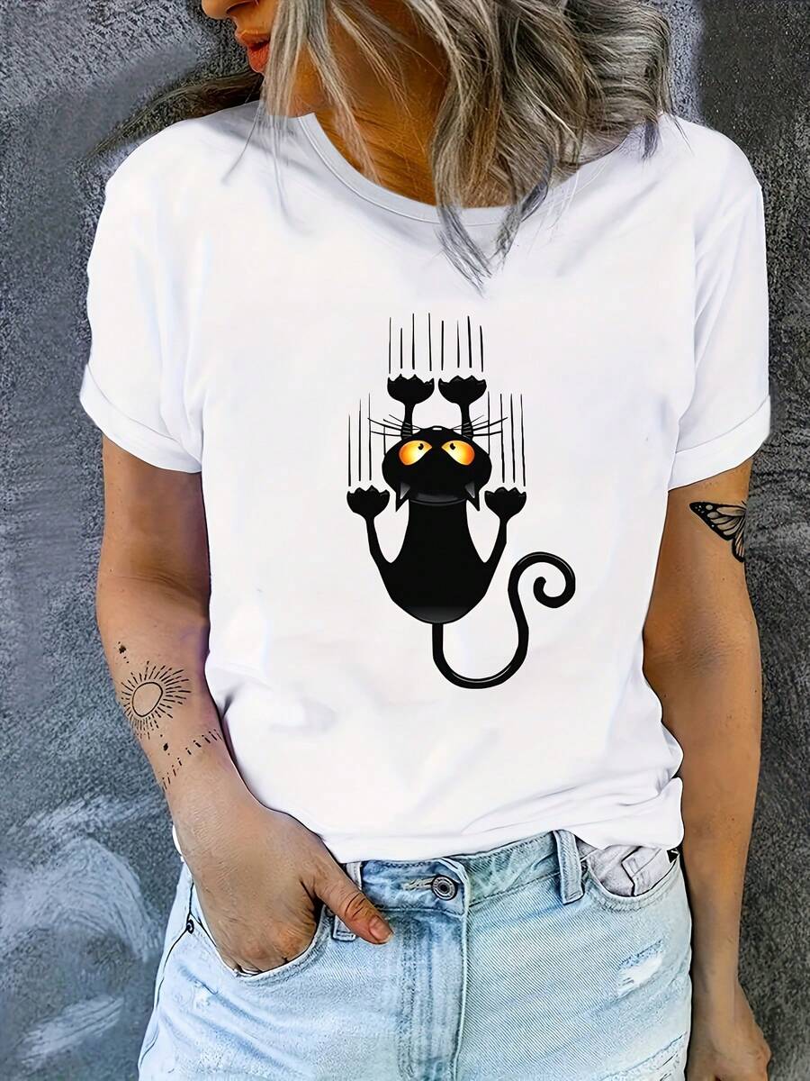 Pequeño gato negro suelto cómodo camiseta lindo hogar desgaste esporwear al aire libre desgaste partido de trabajo camiseta camiseta impresa