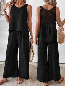 Conjunto de top sin mangas y pantalones de pierna ancha con parte posterior de malla de encaje para mujer, color albaricoque, para primavera/verano - Negro - Ver 8