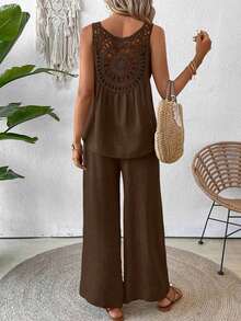 Conjunto de top sin mangas y pantalones de pierna ancha con parte posterior de malla de encaje para mujer, color albaricoque, para primavera/verano - Marrón - Ver 2