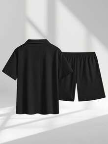 Men's Summer Diamond Embossed Casual Set Contrast V-Neck Polo Short Sleeve Drawstring Shorts Suitable For Daily Commute Leisure Vacation - Black - View 5