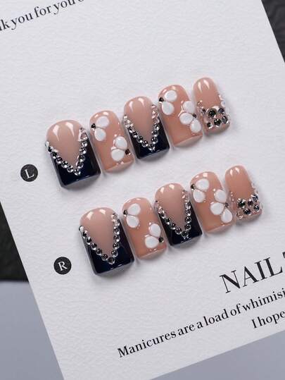 10pcs Short Square Nude Pink & Navy Blue French Manicure Press-On Nails, Handmade With 3D White Flowers & Black Crystal Rhinestone Decor, Glossy V-Shaped Navy Blue French Tips, Reusable Full Cover Nail Stickers For Daily, Party, Elegant Looks