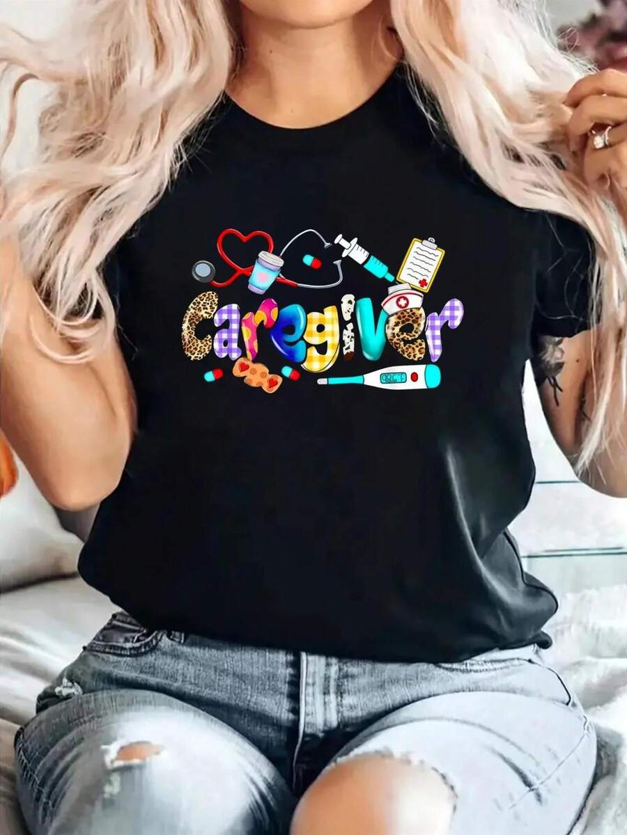 Casual Short-Sleeve Crew Neck T-Shirt for Women Featuring a Vibrant Healthcare Graphic Design, Perfect for Spring And Summer Fashion