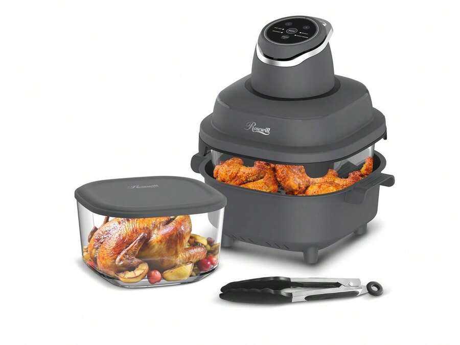 Rosewill 4-In-1 Portable Glass Air Fryer, 4.7QT Transparent Glass Cooking Pot With Storage Lid & Tongs, Compact Smart For Deep Roast, Recrisp, Keep Warm – Dark Grey - Grey - View 1