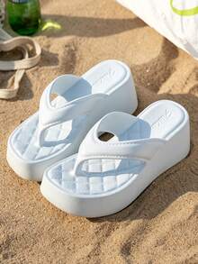 Women's Platform Wedge Flip Flops, Solid Color Thick Sole Slip-Resistant EVA Beach & Daily Slippers, Summer - Blue - View 5