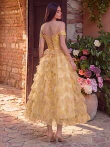 Faeriesty Đầm midi xếp tầng cổ tim trễ vai thanh lịch - Lý tưởng cho các buổi hẹn hò tối, chụp ảnh chân dung, ăn tối, các dịp trang trọng, kỳ nghỉ, tiệc cưới. - Màu vàng - Xem 2