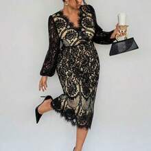 Plus Size Elegant Casual Lace Patchwork Elastic Long Sleeve Midi Dress, Suitable For Office, Resort Wear Spring Wedding Dress For Women - Negro - Ver 1